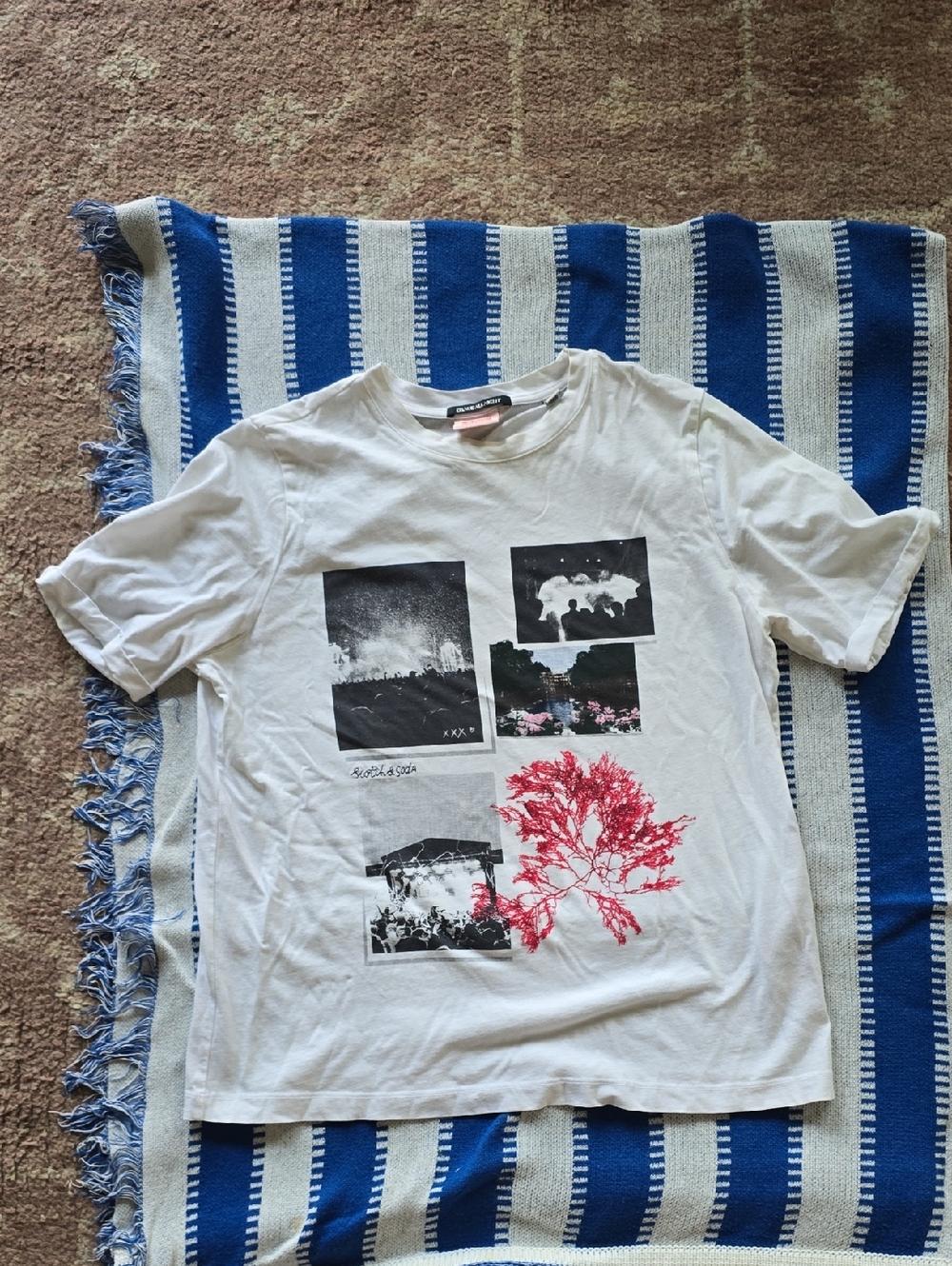 Scotch & Soda White Tee with Black Photo Panels and Pink Tree Graphic